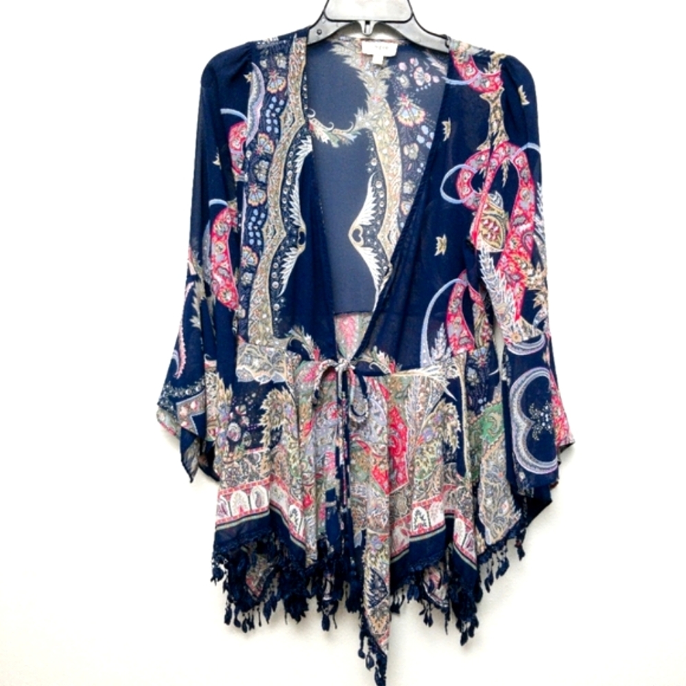 Umgee brand blue sheer paisley print, shrug style coverup